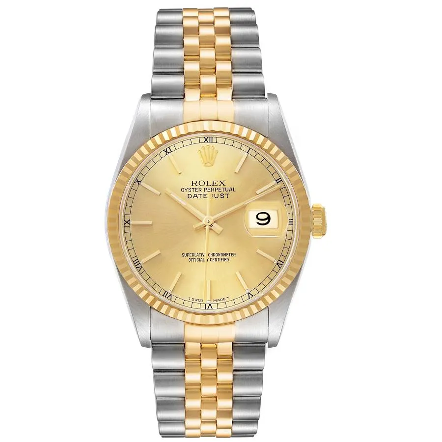 20251860_fu54lahaplzsmbqhxngysq6kuoo7.webp Rolex Datejust Champagne Stick Dial on D-Link Jubilee Ref. 16233 - Image 1