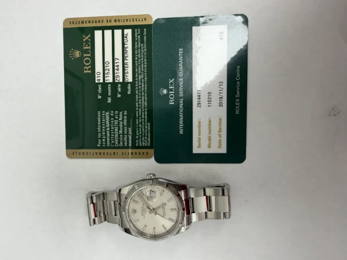 Rolex Oyster Perpetual Date Silver Stick Dial on Oyster Ref. 115210 with Card (Old Green) 2009 - Image 6