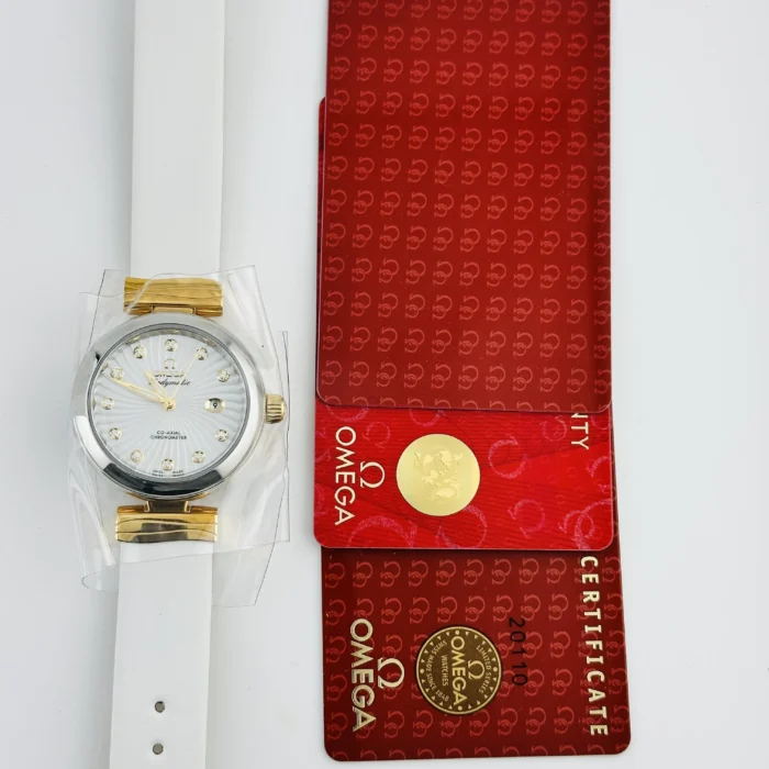 Omega De Ville Ladymatic Supernova Patterned White Mother of Pearl Dial Set with Diamonds Dial on Leather Ref. 425.22.34.20.55.002 with Card - Image 6