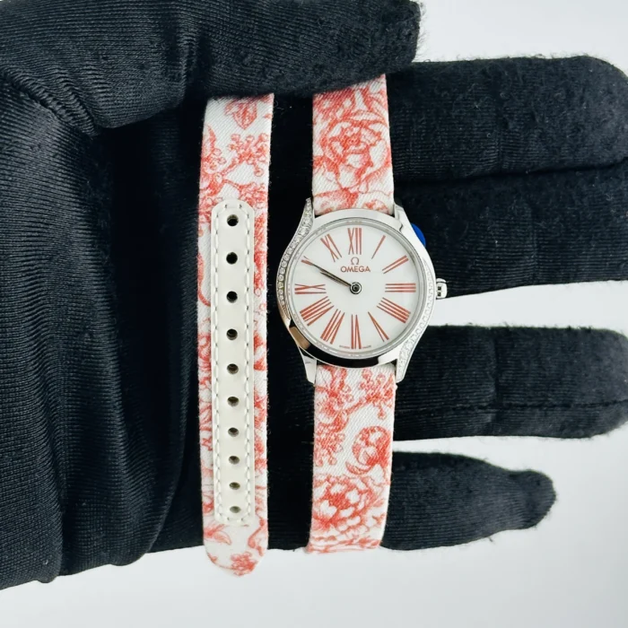 Omega De Ville Mini Tr√©sor Quartz White / Pink Roman Markers Dial on Fabric Strap Ref. 428.17.26.60.04.003 with Card - Image 2