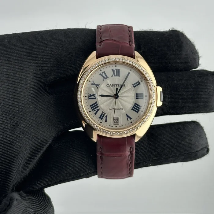 Cartier Cle Silver Roman Dial on Maroon Leather Ref. 3854 with Papers 2019 - Image 2