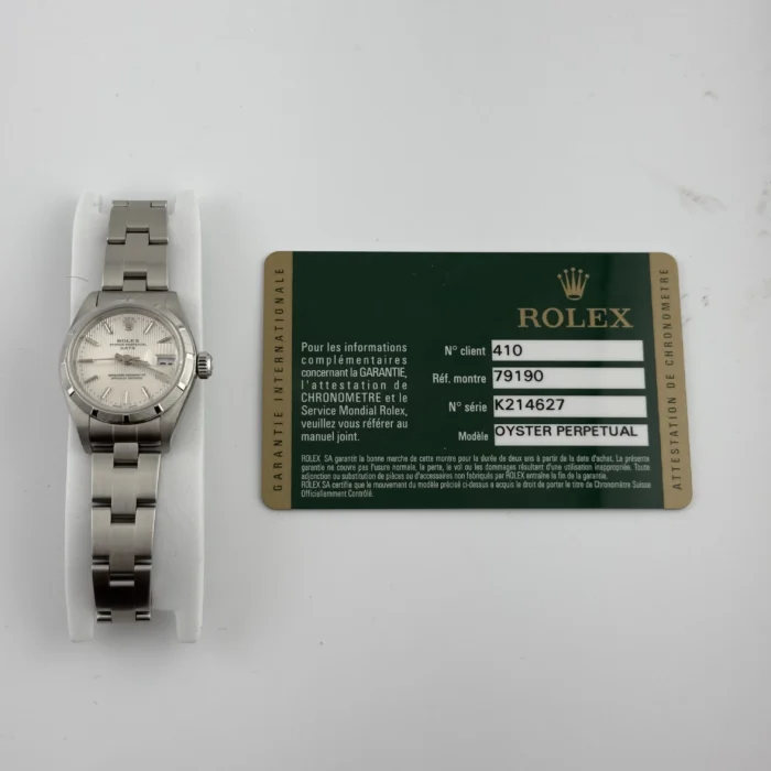 Rolex Oyster Perpetual Date Silver Tapestry Dial on Oyster Ref. 79190 with Card (Old Green) 2010 - Image 4