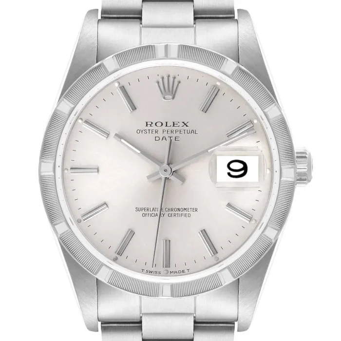 20276366_wm9b2wwdke8bqxf0s4snrso0d7uw.webp Rolex Oyster Perpetual Date Silver Stick Dial on Oyster Bracelet Ref. 15210 - Image 1