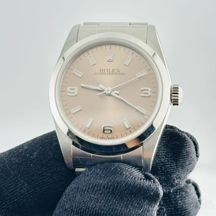 Rolex Oyster Perpetual Salmon / Arabic 3,6.9 Dial on Oyster Bracelet Ref. 77080 with Papers 2002 - Image 3