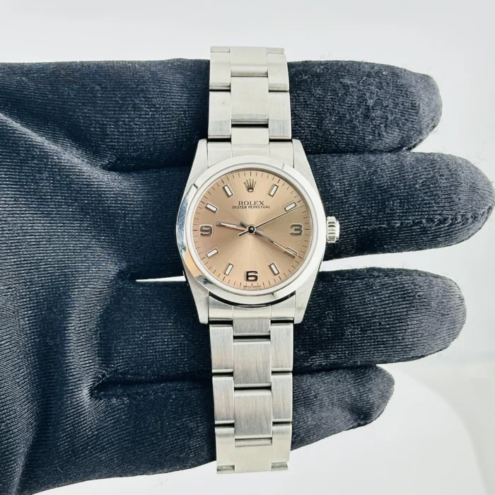 Rolex Oyster Perpetual Salmon / Arabic 3,6.9 Dial on Oyster Bracelet Ref. 77080 with Papers 2002 - Image 2