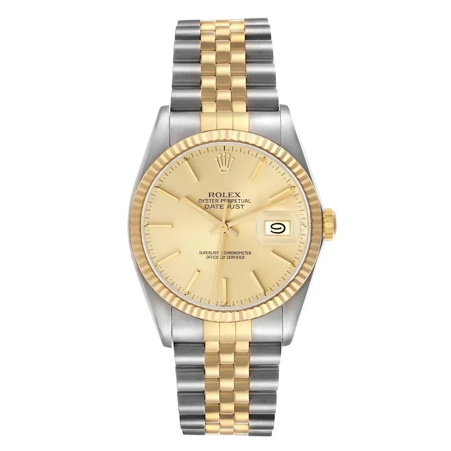 20634586_d6zbzipokaqo4hv6sfrdma225cwh.webp Rolex Datejust Champagne Stick Dial on D-Link Jubilee Bracelet Ref. 16013 with Papers 1986 - Image 1
