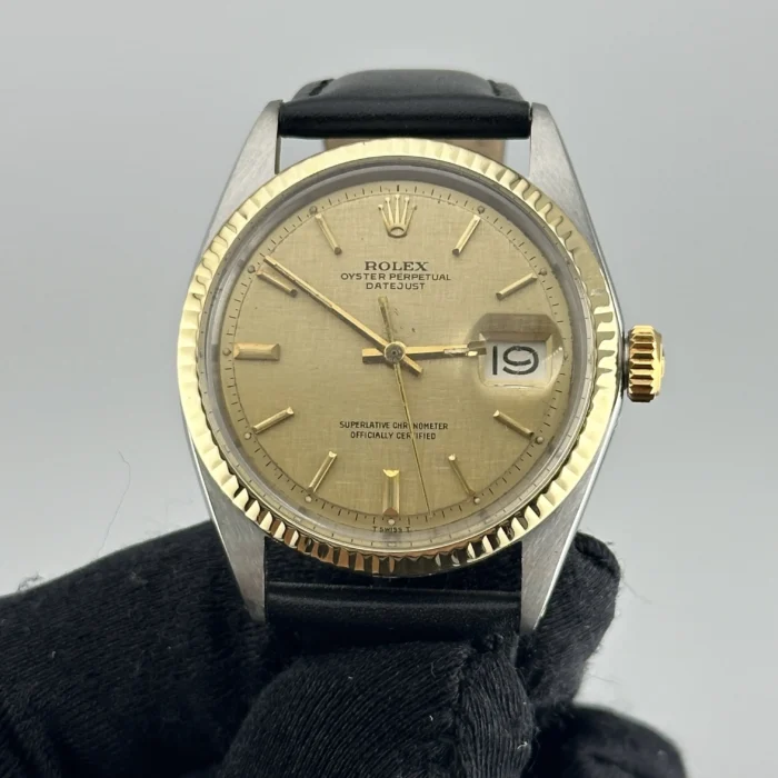 Rolex Datejust Champagne Linen stick / Has Spot Dial on Generic Leather Band Ref. 1601 - Image 2