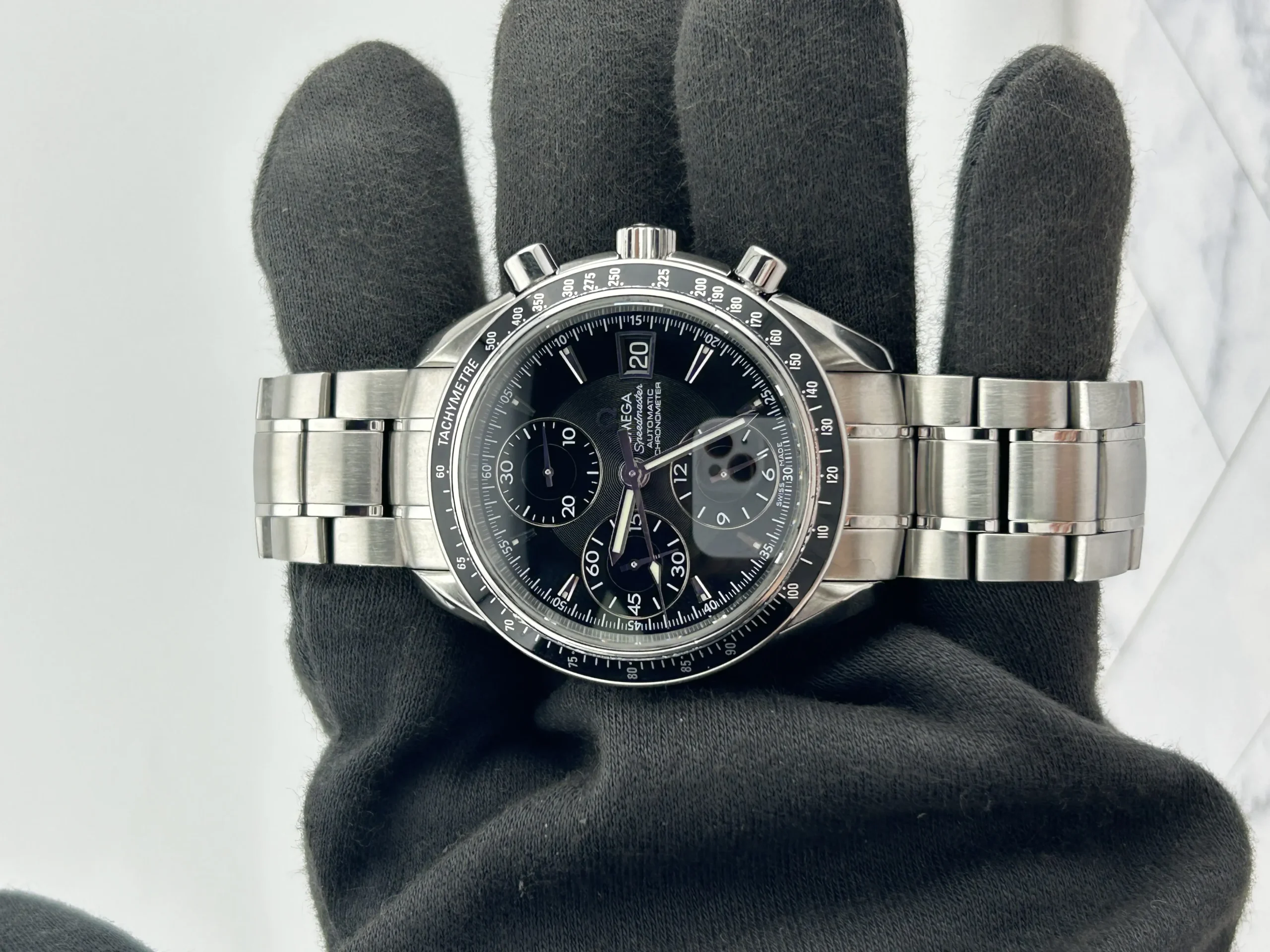 20837713_8nfs4hmd692sh8wugzvfax1rgpct.webp Omega Speed Master Black Dial on Stainless Steel Bracelet Ref. 3210.50 with Card - Image 1