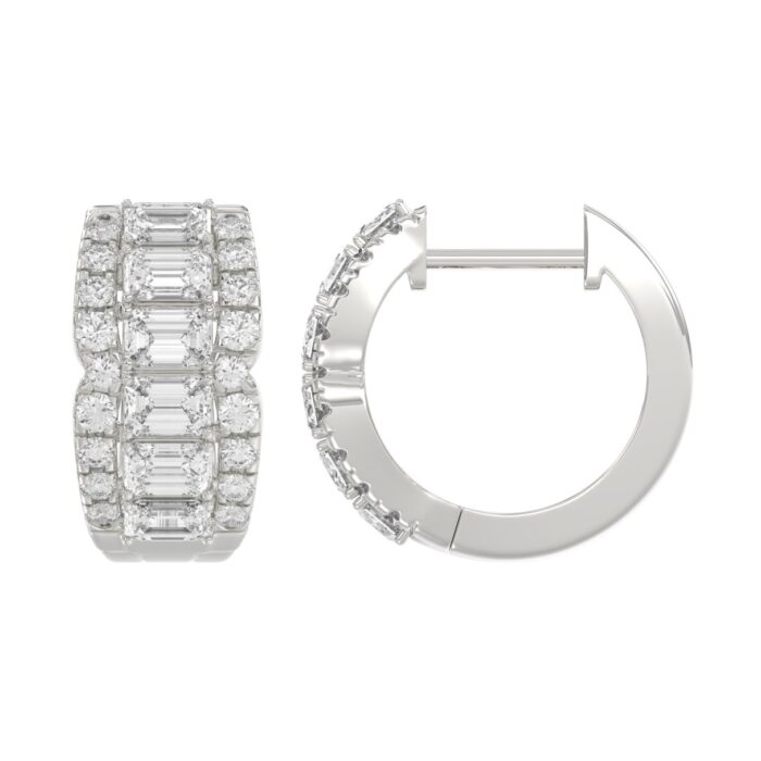 14K WHITE GOLD 1 3/4CT ROUND/EMERALD DIAMOND HOOP EARRINGS - Image 3