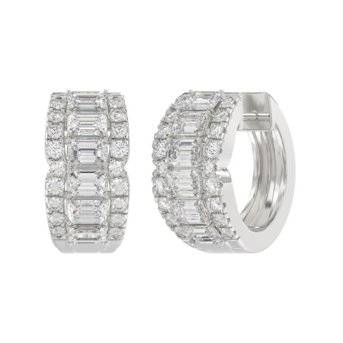 14K WHITE GOLD 1 3/4CT ROUND/EMERALD DIAMOND HOOP EARRINGS - Image 2