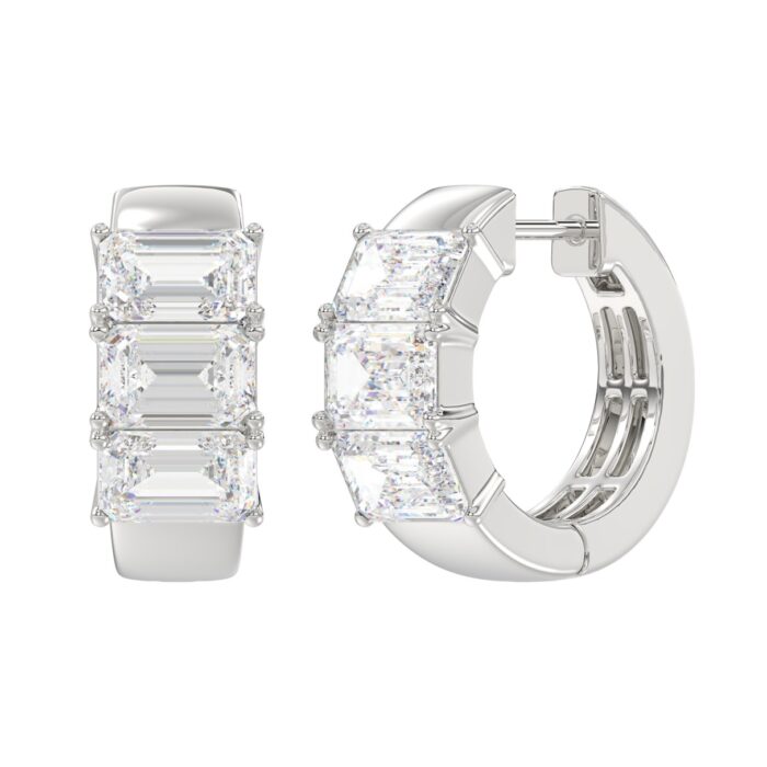 14K WHITE GOLD 3.00CT EMERALD DIAMOND LADIES HOOPS EARRINGS - Image 3