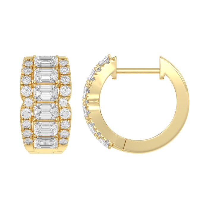 14K YELLOW GOLD 1 3/4CT ROUND/EMERALD DIAMOND HOOP EARRINGS - Image 3
