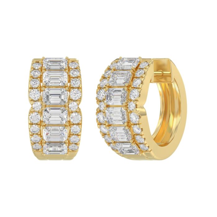 14K YELLOW GOLD 1 3/4CT ROUND/EMERALD DIAMOND HOOP EARRINGS - Image 2