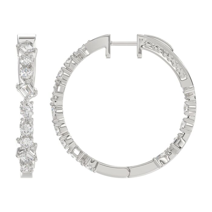LADIES HOOP EARRINGS 2 1/2CT ROUND/EMERALD/MARQUISE DIAMOND 14K WHITE GOLD - Image 2