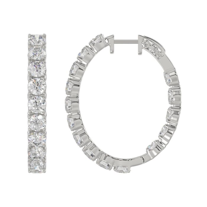 LADIES HOOP EARRINGS 7CT ROUND DIAMOND 14K WHITE GOLD - Image 2