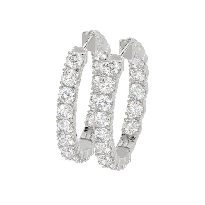 LADIES HOOP EARRINGS 7CT ROUND DIAMOND 14K WHITE GOLD - Image 4