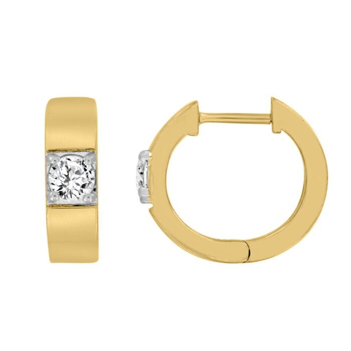 LADIES HOOPS EARRINGS 1/2CT ROUND DIAMOND 14K YELLOW GOLD - Image 2