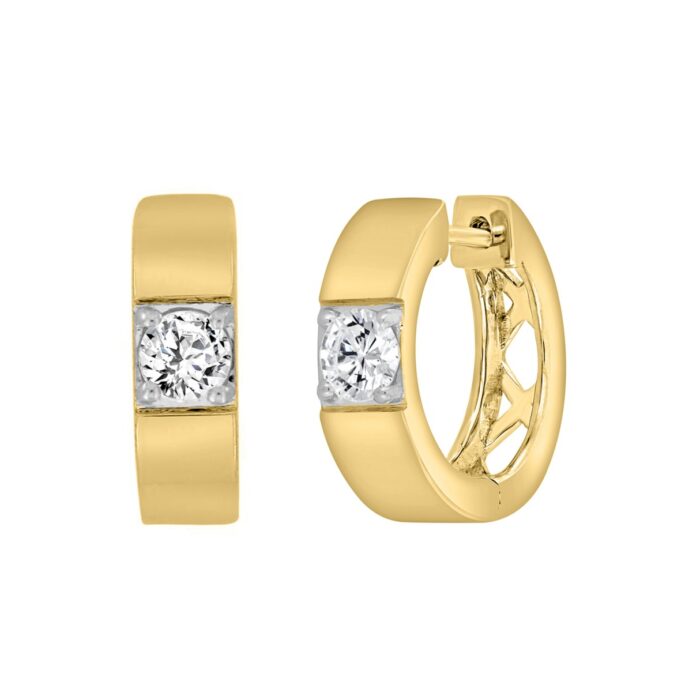 LADIES HOOPS EARRINGS 1/2CT ROUND DIAMOND 14K YELLOW GOLD - Image 3