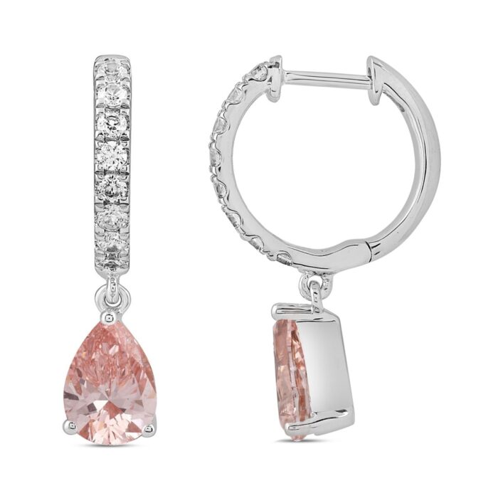 ETERNAL BLUSH COLLECTION 14K WHITE/ROSE GOLD 2.00CT ROUND/PINK PEAR DIAMOND LADIES HOOPS EARRINGS - Image 3