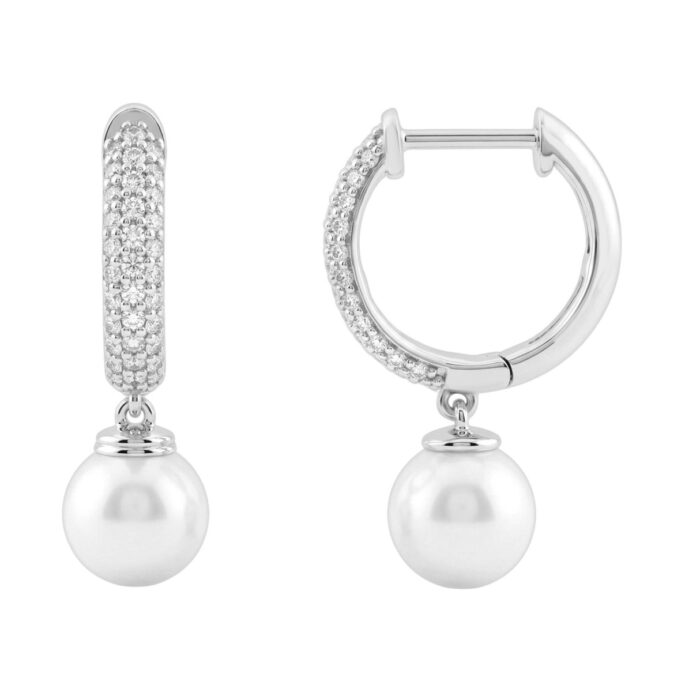 Freshwater Pearl Drop Hoop Ladies Earrings With 1/3Ct Round Diamond Accents In 10K White Gold - Image 2