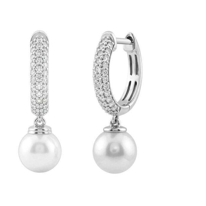 Freshwater Pearl Drop Hoop Ladies Earrings With 1/3Ct Round Diamond Accents In 10K White Gold - Image 3