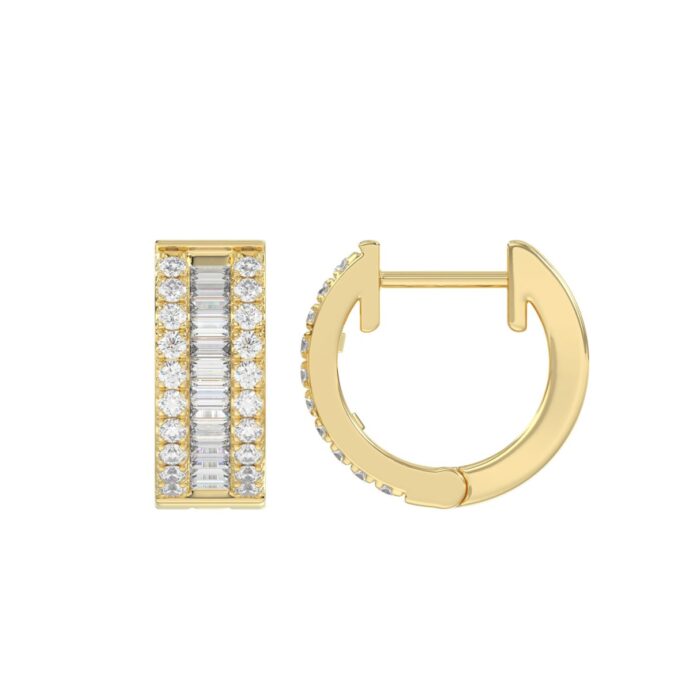 LADIES HOOP EARRINGS 3/8CT ROUND/BAGUETTE DIAMOND 14K YELLOW GOLD - Image 2
