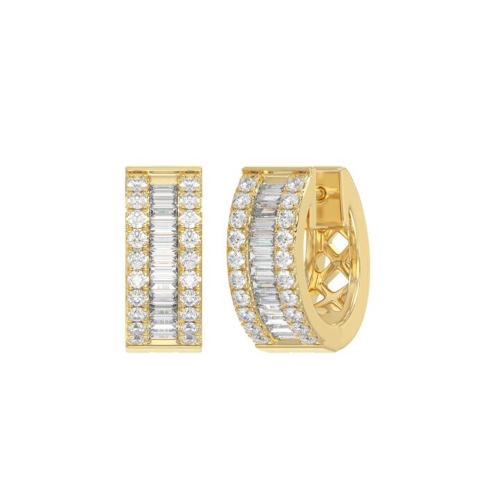 LADIES HOOP EARRINGS 3/8CT ROUND/BAGUETTE DIAMOND 14K YELLOW GOLD - Image 3