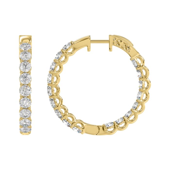 LADIES HOOP EARRINGS 5CT ROUND DIAMOND 14K YELLOW GOLD - Image 2