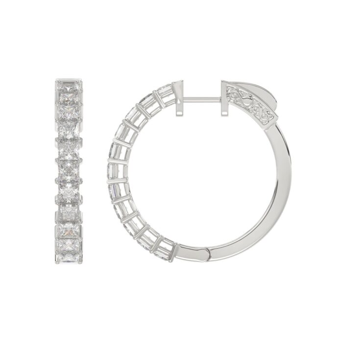 LADIES HOOP EARRINGS 2CT PRINCESS DIAMOND 14K WHITE GOLD - Image 2