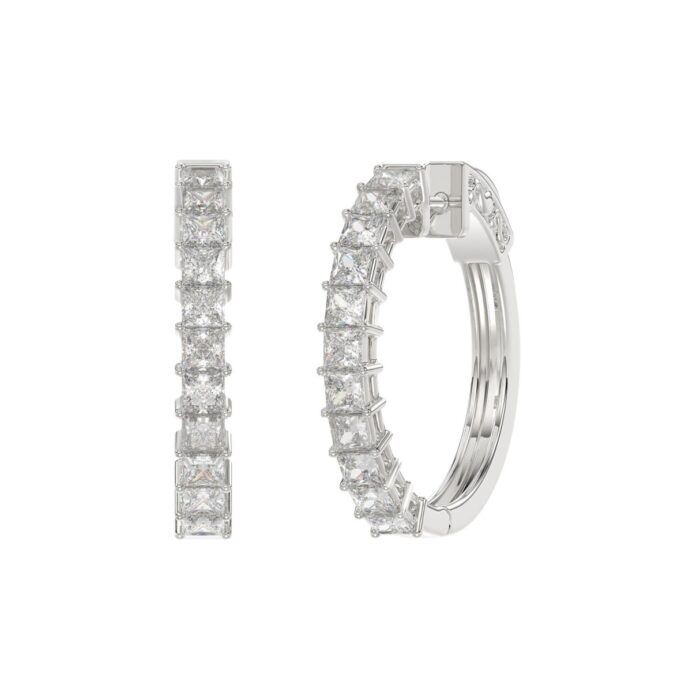 LADIES HOOP EARRINGS 2CT PRINCESS DIAMOND 14K WHITE GOLD - Image 3