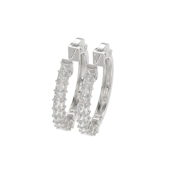 LADIES HOOP EARRINGS 2CT PRINCESS DIAMOND 14K WHITE GOLD - Image 4