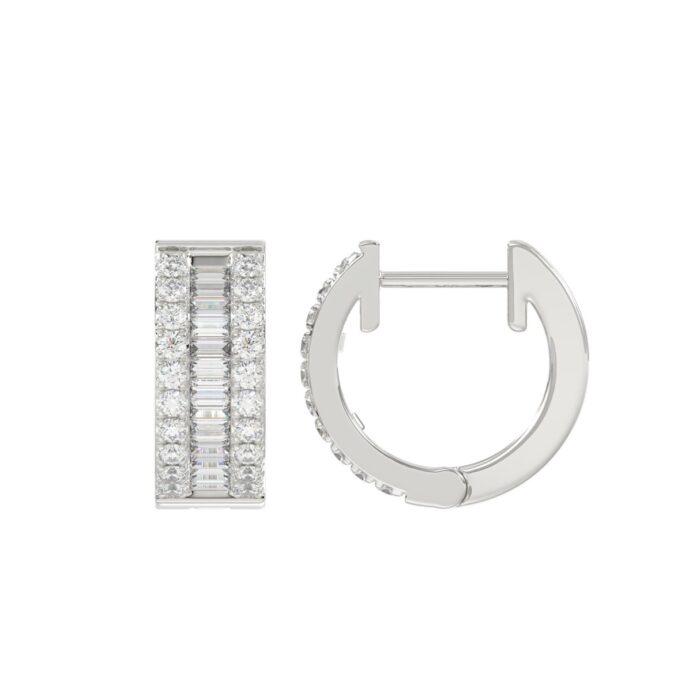 LADIES HOOP EARRINGS 3/8CT ROUND/BAGUETTE DIAMOND 14K WHITE GOLD - Image 2