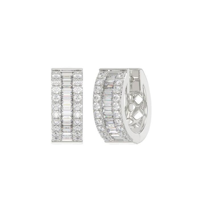 LADIES HOOP EARRINGS 3/8CT ROUND/BAGUETTE DIAMOND 14K WHITE GOLD - Image 3