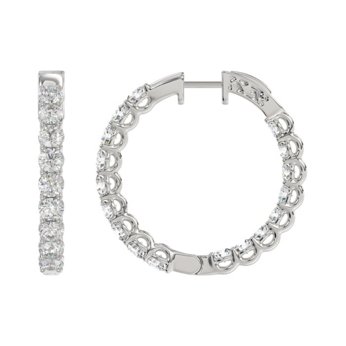 LADIES HOOP EARRINGS 3CT ROUND DIAMOND 14K WHITE GOLD - Image 2