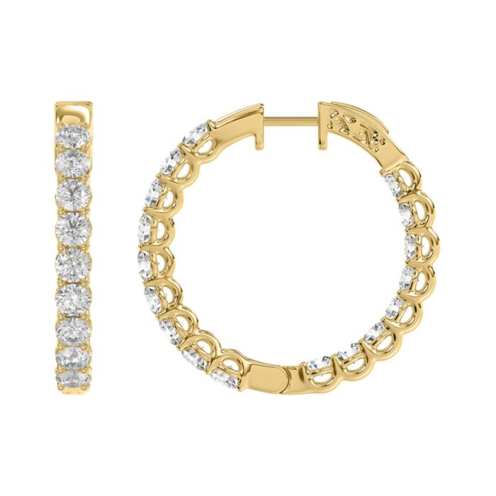 LADIES HOOP EARRINGS 3CT ROUND DIAMOND 14K YELLOW GOLD - Image 3
