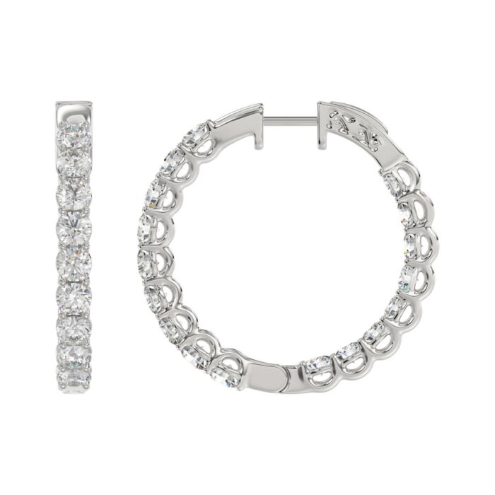 LADIES HOOP EARRINGS 5CT ROUND DIAMOND 14K WHITE GOLD - Image 2