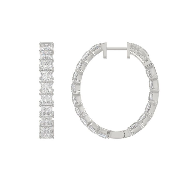 LADIES HOOP EARRINGS 7CT PRINCESS DIAMOND 14K WHITE GOLD - Image 2