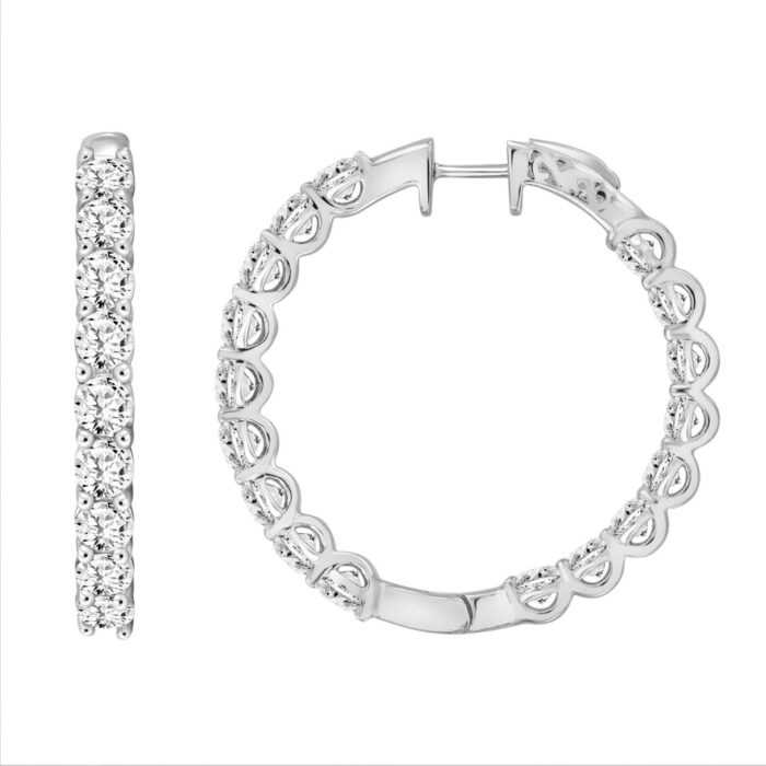 LADIES HOOP EARRINGS 7CT ROUND DIAMOND 14K WHITE GOLD - Image 2