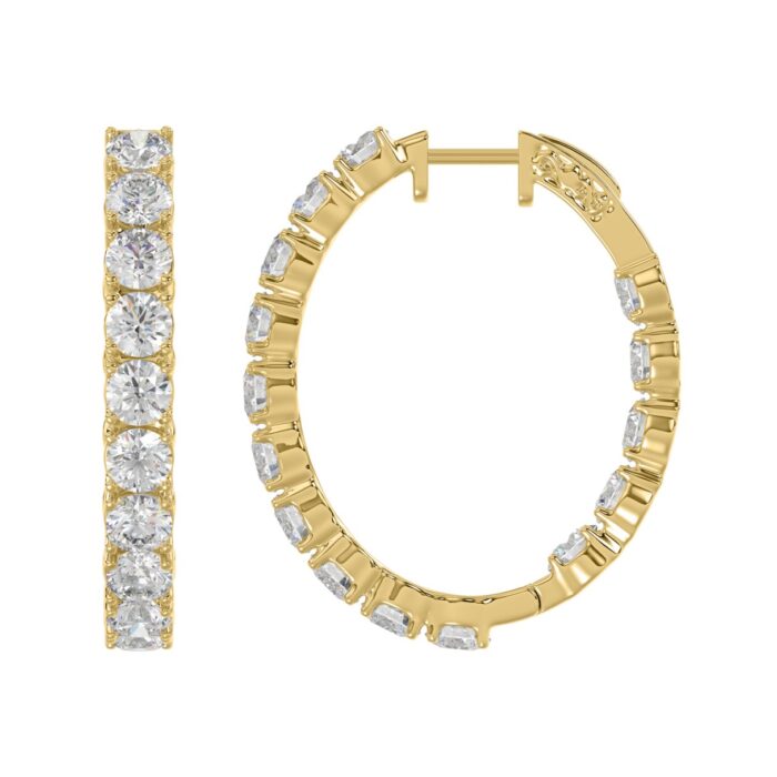 LADIES HOOP EARRINGS 7CT ROUND DIAMOND 14K YELLOW GOLD - Image 2