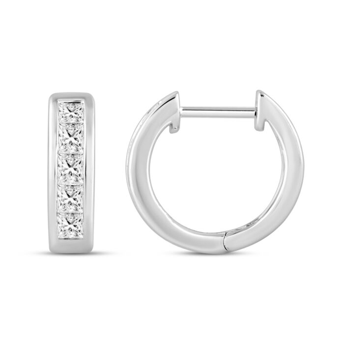 LADIES HOOPS EARRINGS 1.00CT PRINCESS DIAMOND 14K WHITE GOLD - Image 3