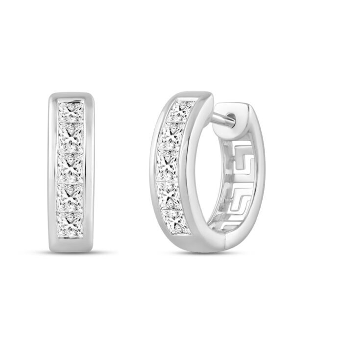 LADIES HOOPS EARRINGS 1.00CT PRINCESS DIAMOND 14K WHITE GOLD - Image 2