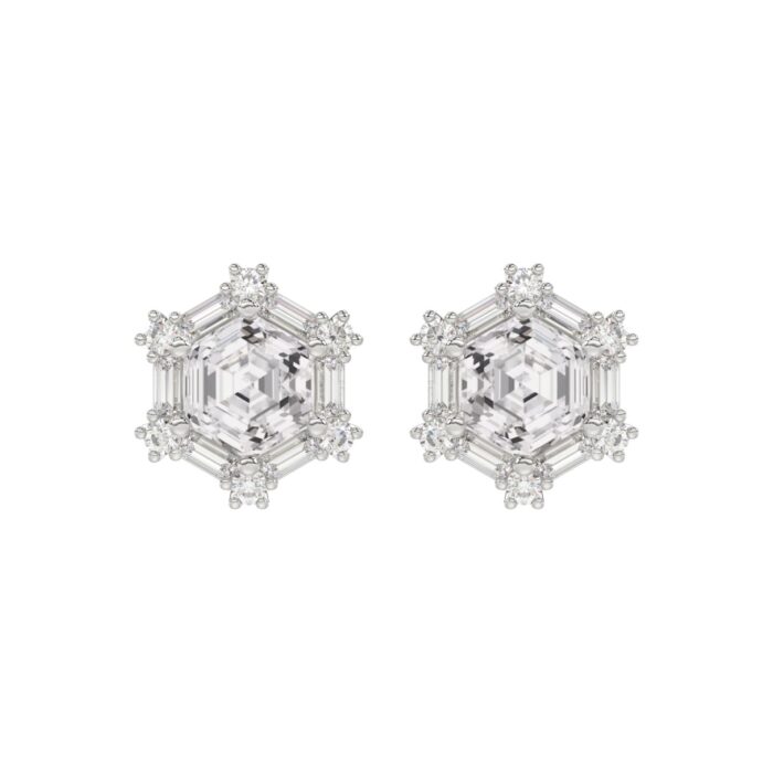 14K WHITE GOLD 1 1/4CT ROUND/BAGUETTE/HEXAGON STEP CUT DIAMOND LADIES EARRINGS - Image 1