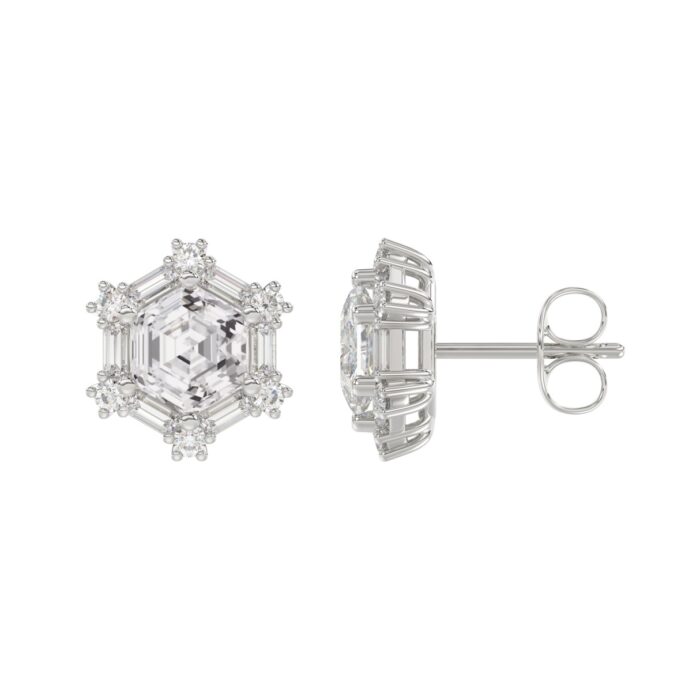 14K WHITE GOLD 1 1/4CT ROUND/BAGUETTE/HEXAGON STEP CUT DIAMOND LADIES EARRINGS - Image 2