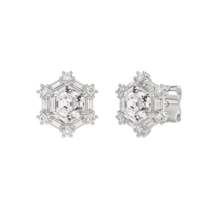 14K WHITE GOLD 1 1/4CT ROUND/BAGUETTE/HEXAGON STEP CUT DIAMOND LADIES EARRINGS - Image 3