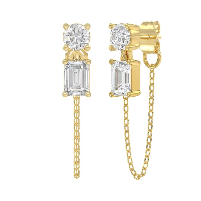 10K Yellow Gold 3/4CT Emerald/Round cut Diamond Elegant Ladies Earring (Color F-G -Clarity VS1/VS2) - Image 3