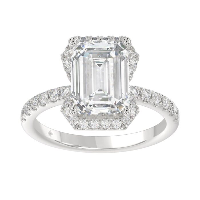 14K White Gold 4 1/2CT ladies Round & Emerald-cut diamond halo engagement Ring 4.00CT Emerald Center stone (Color F-G -Clarity VS1/VS2) - Image 1