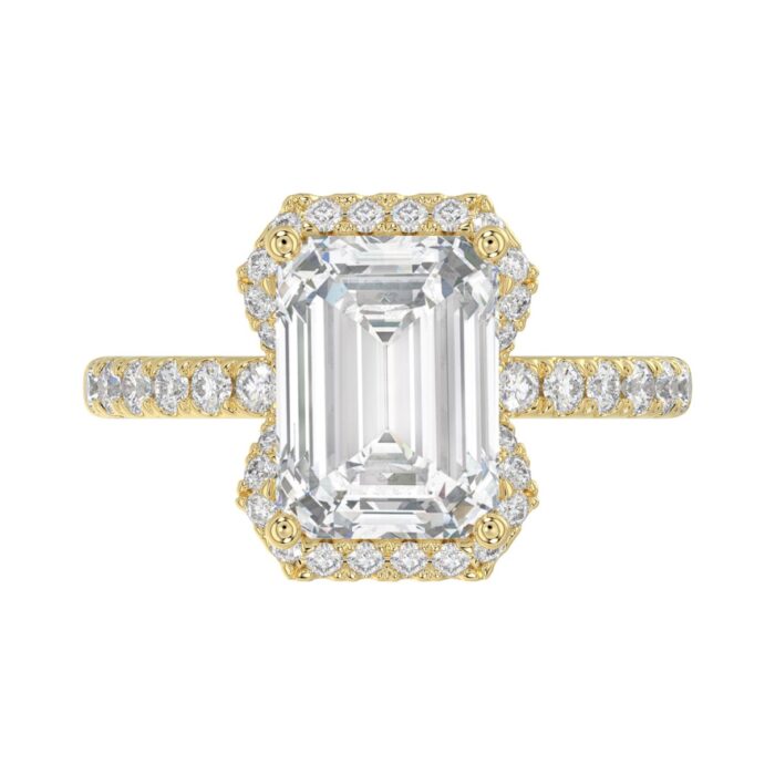 14K Yellow Gold 4 1/2CT ladies Round & Emerald-cut diamond halo engagement Ring 4.00CT Emerald Center stone (Color F-G -Clarity VS1/VS2) - Image 5