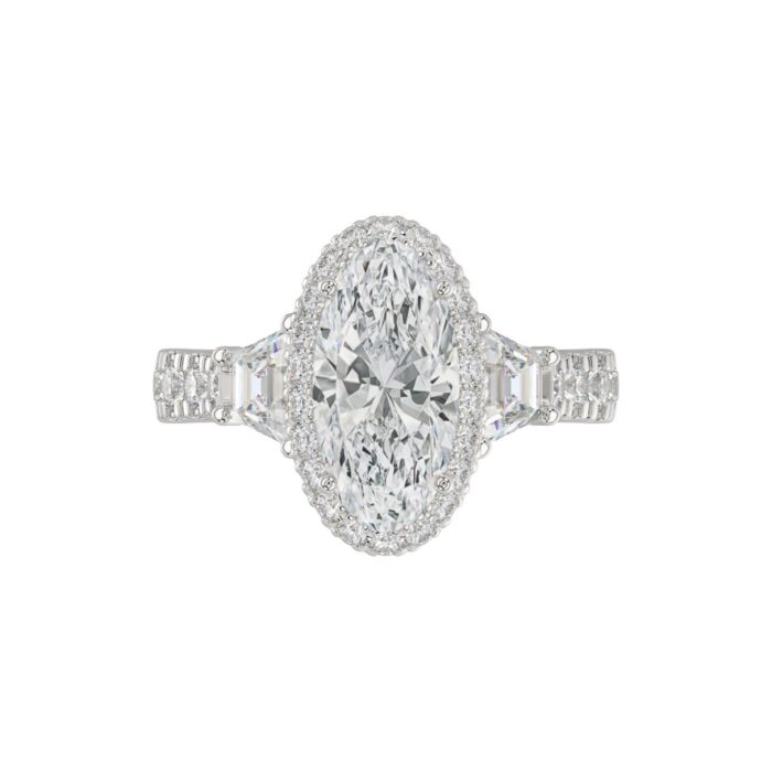 21K PLATINUM LADIES RING 3 1/4CT ROUND/ELONGATED OVAL/TRAPEZOID/BAGUETTE DIAMOND (CENTER STONE ELONGATED OVAL DIAMOND 2CT) - Image 2