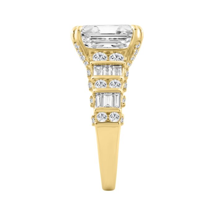 14K Yellow Gold Cushion Lab Grown Diamond Engagement Ring 5.00Ct With 4.00Ct Cushion Center Stone & Round/Baguette Side Stones (Color F-G Clarity Vs1/ - Image 3