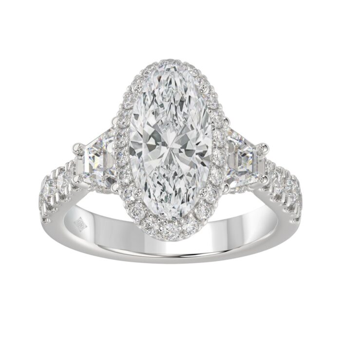 14K White Gold Halo Engagement Ring with Side Stones, 3 1/4CT Round, Baguette,Trapezoid Diamond & 2.00CT Oval Center stone (Color F-G -Clarity VS1/VS2 - Image 1